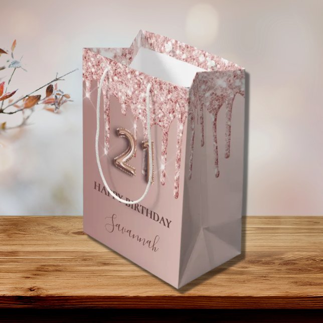 21st birthday rose gold glitter pink balloon style medium gift bag (Creator Uploaded)