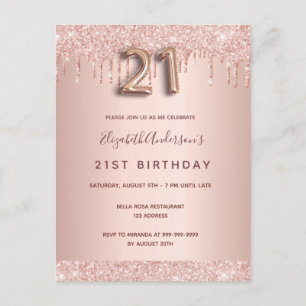 21st birthday rose gold glitter pink invitation postcard