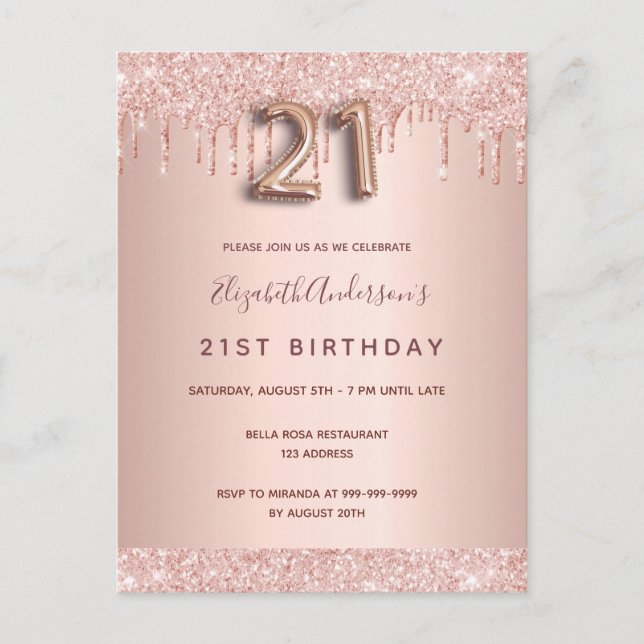21st birthday rose gold glitter pink invitation postcard (Front)