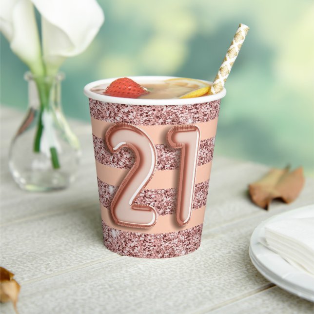 21st Birthday Rose Gold Glitter Stripe  Paper Cups (Insitu)