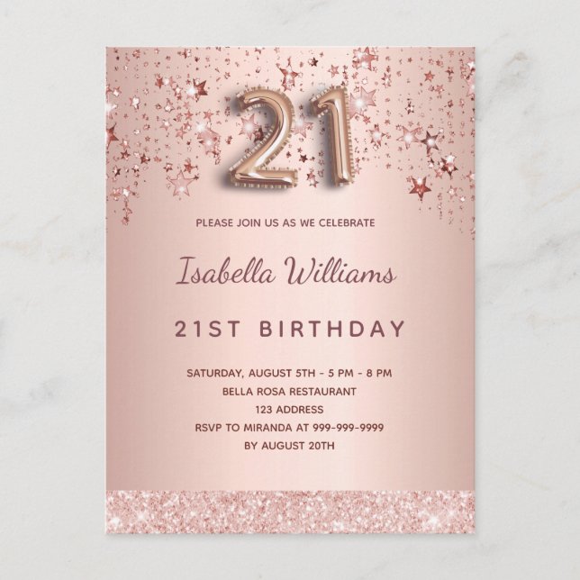 21st birthday rose gold pink balloon script stars postcard (Front)