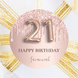 21st birthday rose gold pink classic round sticker<br><div class="desc">Elegant, classic, glamourous and girly for a 21st birthday party. Rose gold and blush pink, gradient background. Decorated with rose gold, pink drips, paint dripping look. Personalise and add a name. With the text: Happy Birthday. The text is written with a modern dark rose coloured hand lettered style script. Number...</div>