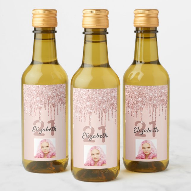 21st birthday rose gold pink drips photo wine label (Bottles)
