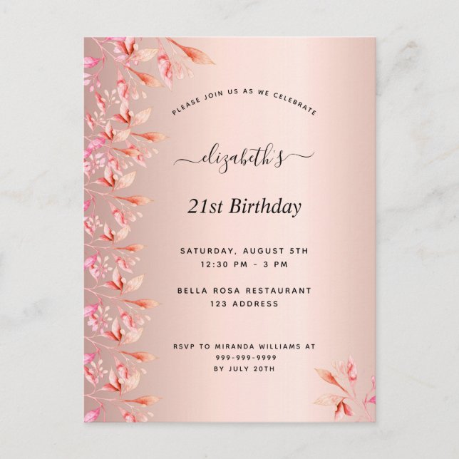 21st birthday rose gold pink floral invitation postcard (Front)