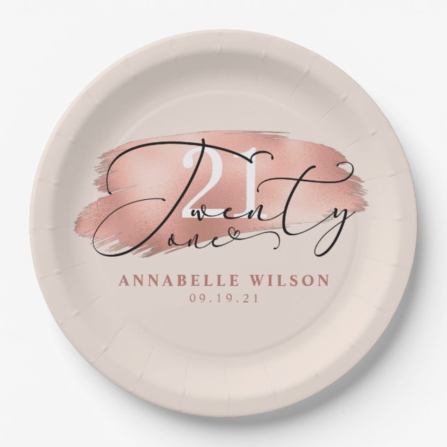 21st Birthday Rose Gold & Pink Paper Plate (Front)