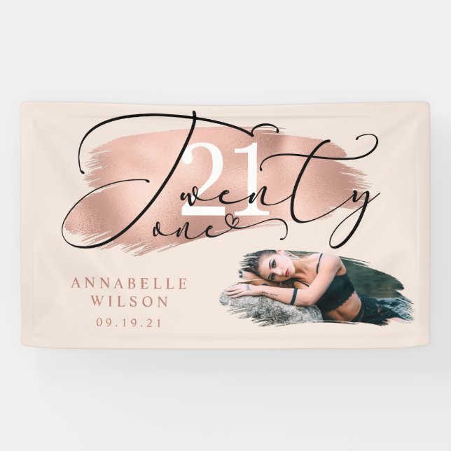 21st Birthday Rose Gold & Pink Photo Banner (Horizontal)
