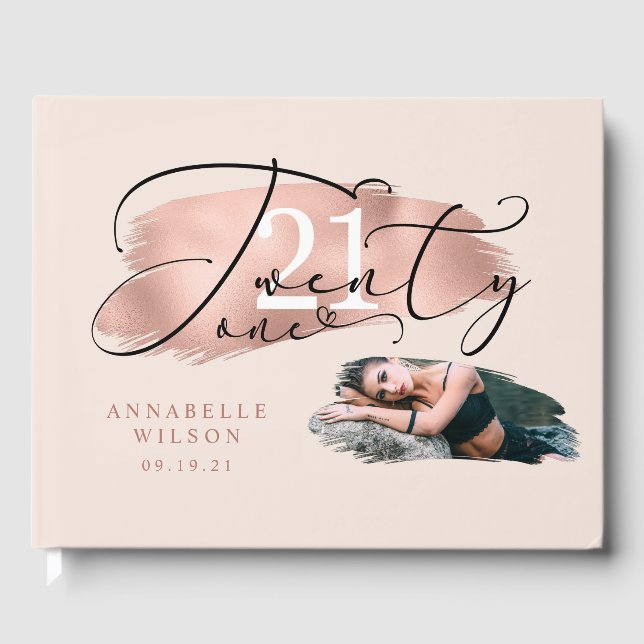 21st Birthday Rose Gold & Pink Photo Guest Book (Front)