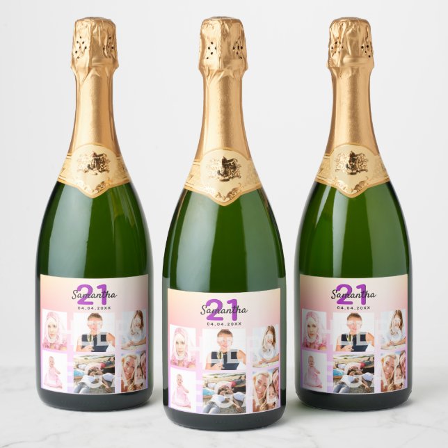21st birthday rose gold pink photo legal cheers sparkling wine label (Bottles)