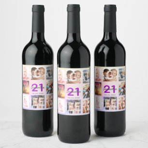 21st birthday rose gold pink purple photo name wine label