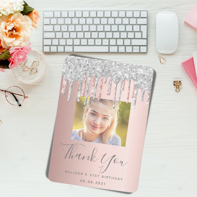 21st birthday rose gold pink silver glitter photo thank you card (Creator Uploaded)