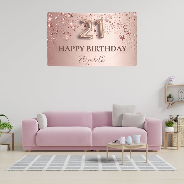 21st birthday rose gold pink stars balloon script banner (Creator Uploaded)