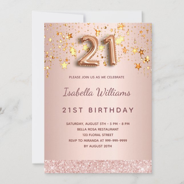 21st birthday rose gold pink stars balloon script invitation (Front)