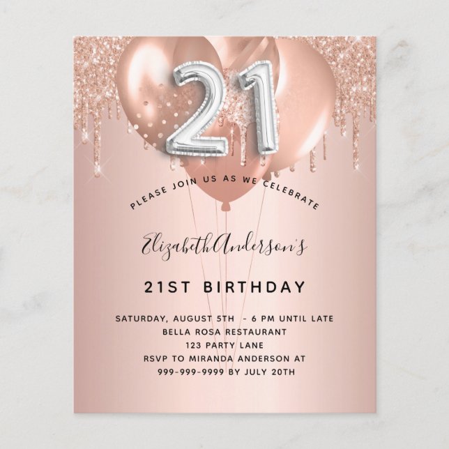 21st birthday rose gold silver balloons invitation (Front)