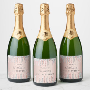 21st birthday rose gold silver glitter monogram sparkling wine label