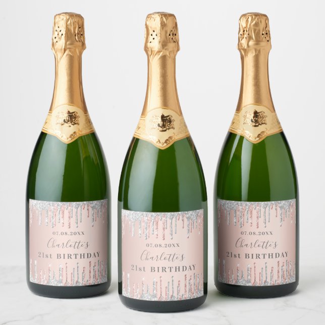 21st birthday rose gold silver glitter monogram sparkling wine label (Bottles)