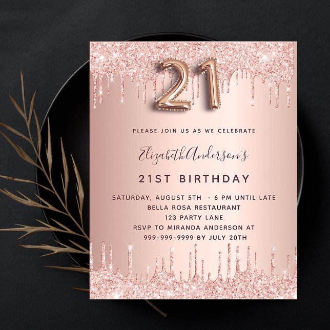 21st birthday rose gold sparkles budget invitation flyer (Creator Uploaded)