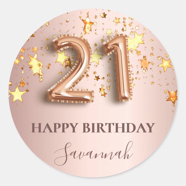 21st birthday rose gold stars name classic round sticker (Front)