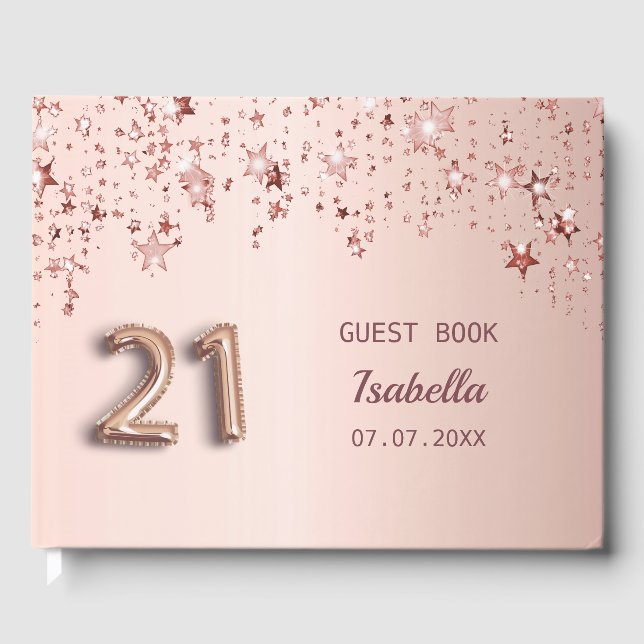 21st birthday rose gold stars pink guest book (Front)