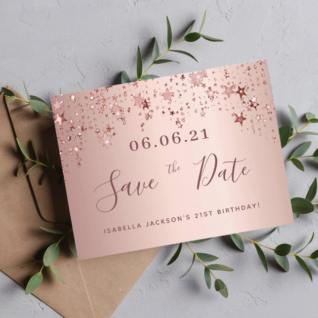 21st birthday rose gold stars save the date postcard (Creator Uploaded)