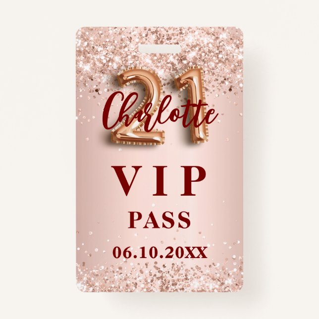 21st birthday rose gold vip party pass ID badge (Front)