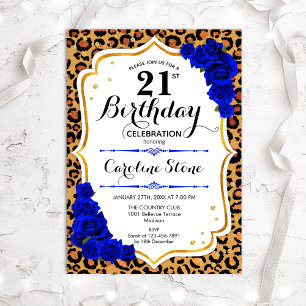 21st Birthday - Royal Blue Gold Leopard Print Invitation