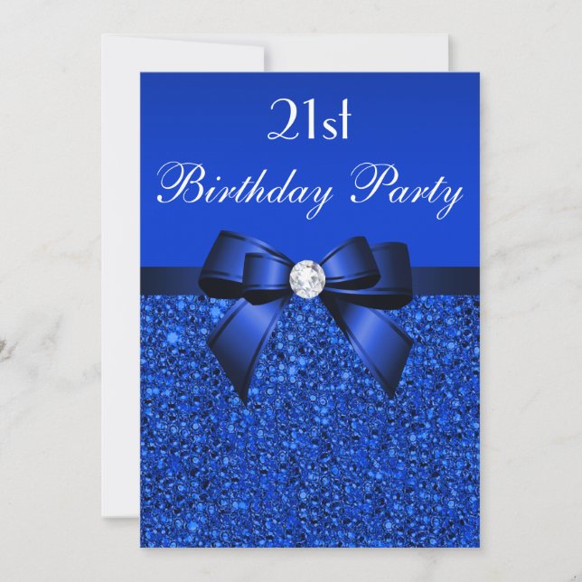 21st Birthday Royal Blue Sequins Bow and Diamond Invitation (Front)