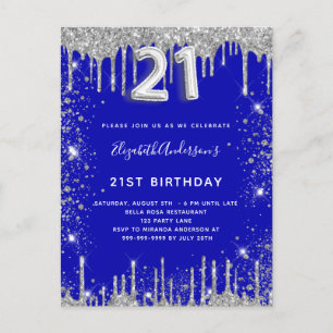 21st birthday royal blue silver glitter dust glam invitation postcard