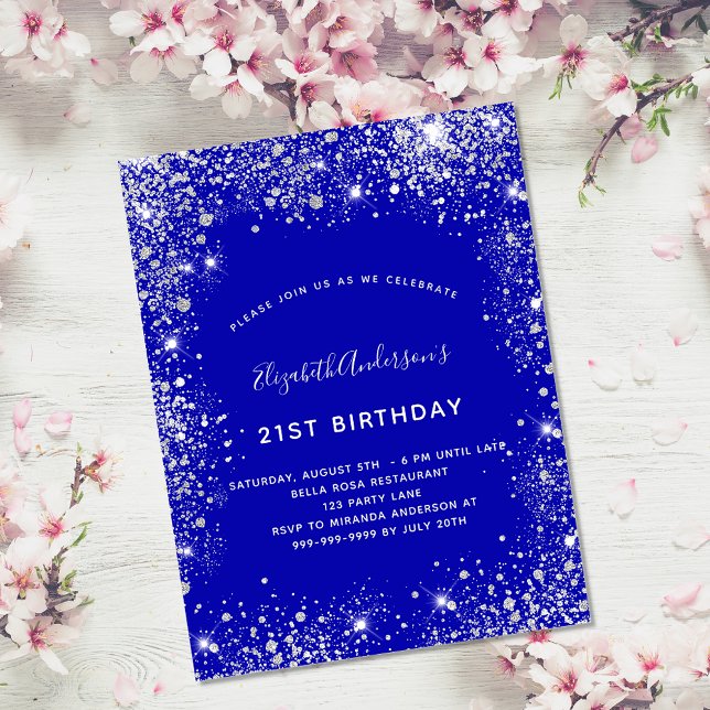 21st birthday royal blue silver glitter invitation (Creator Uploaded)