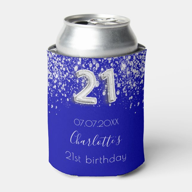 21st birthday royal blue silver glitter name can cooler (Can Front)