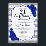 21st Birthday - Royal Blue Silver White Stripes Invitation<br><div class="desc">21st Birthday Invitation.
Elegant design in faux glitter silver,  white and royal blue. Features stylish script fort,  stripes and blue roses. Perfect for an elegant birthday party. Can be customized into any age.</div>