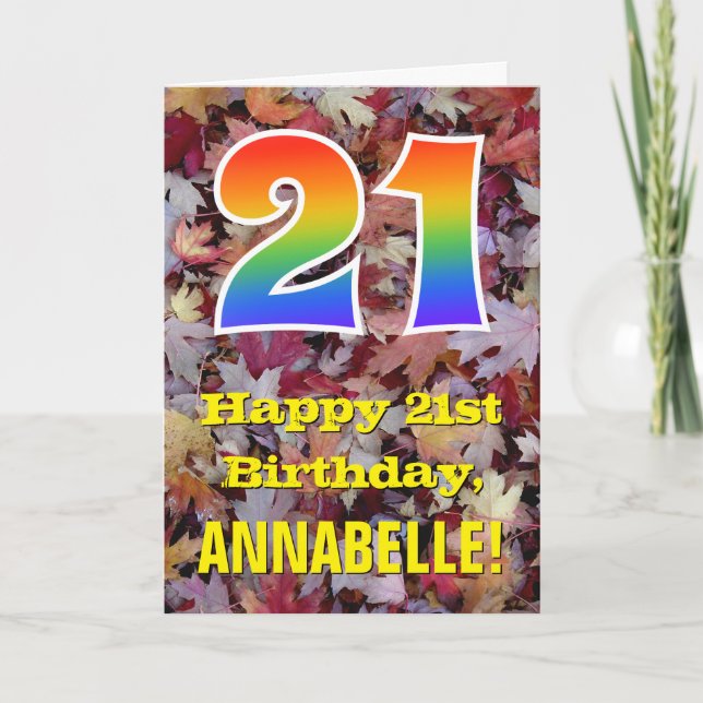 21st Birthday; Rustic Autumn Leaves; Rainbow "21" Card (Front)