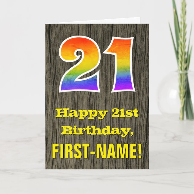 21st Birthday: Rustic Faux Wood Look, Rainbow "21" Card (Front)