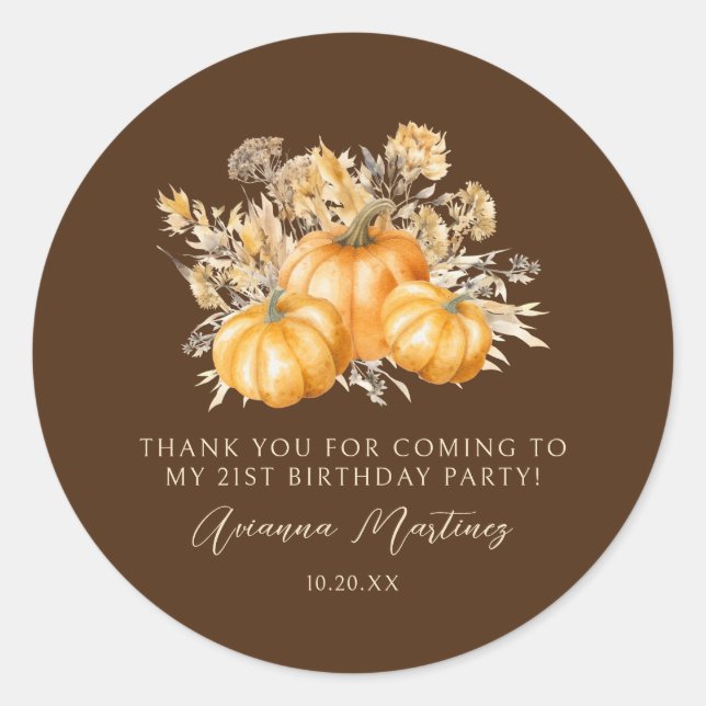 21st Birthday Rustic Pumpkin Fall Thank You Favour Classic Round Sticker (Front)