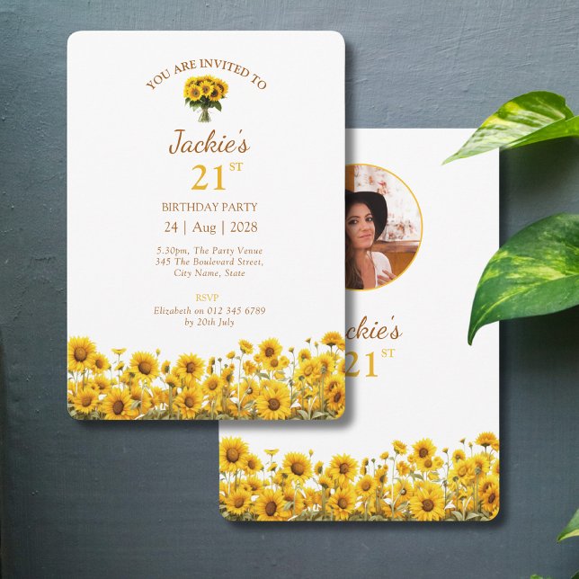 21st Birthday Rustic Sunflower Floral Photo Invitation (21st Birthday party sunflower invitations against a grey background)