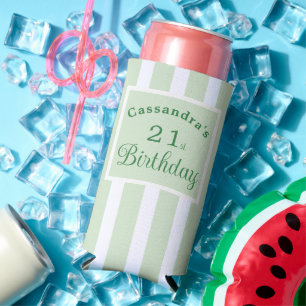 21st Birthday Sage Green and White Stripe Classy Seltzer Can Cooler