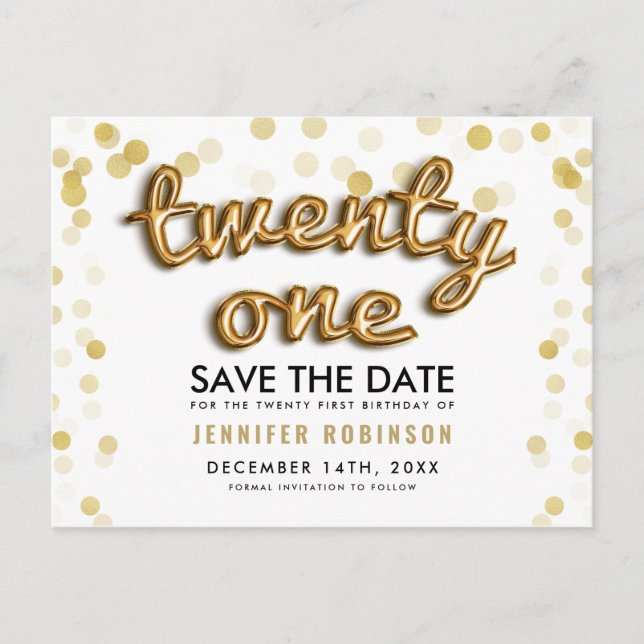 21st Birthday Save The Date Gold Balloons Glitter Announcement Postcard (Front)