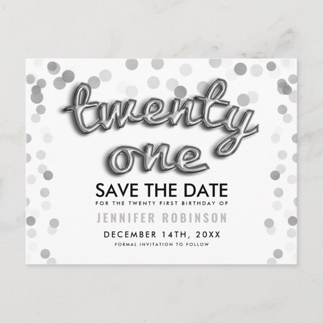 21st Birthday Save The Date Silver Balloon Glitter Announcement Postcard (Front)