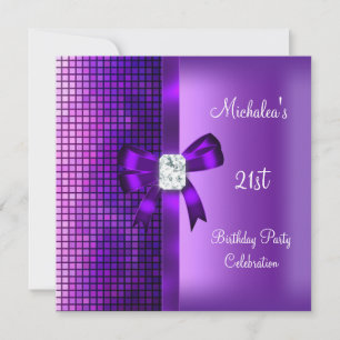 21st Birthday Sequins Purple Diamond Bow Invitation