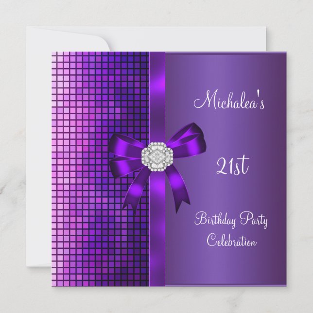 21st Birthday Sequins Purple Diamond Bow Invitation (Front)