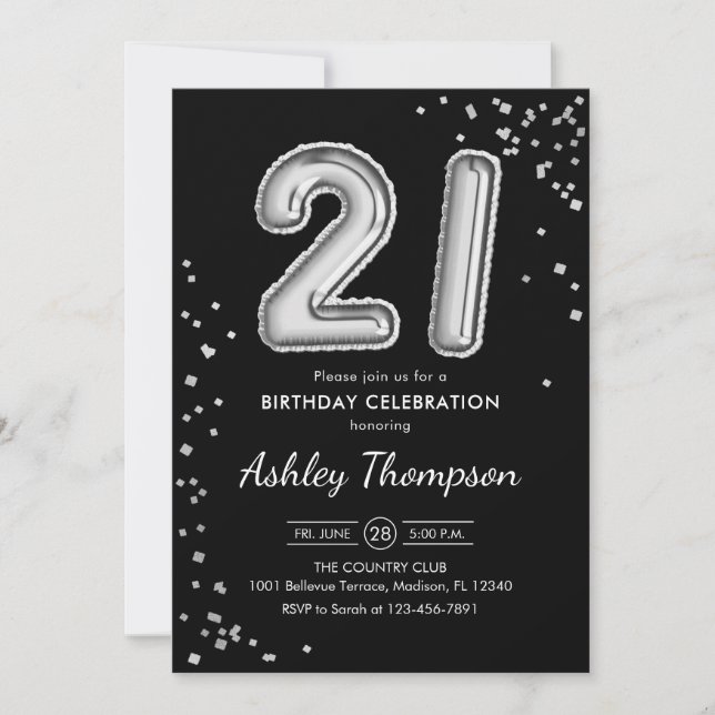 21st Birthday - Silver Balloons Black Invitation (Front)