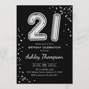 21st Birthday - Silver Balloons Black Invitation