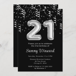 21st Birthday Silver Balloons with Confetti Invitation