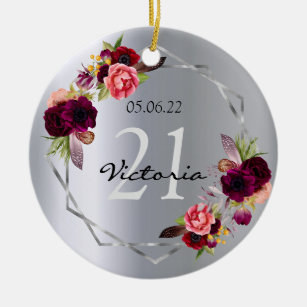 21st birthday silver burgundy flowers name geo ceramic tree decoration