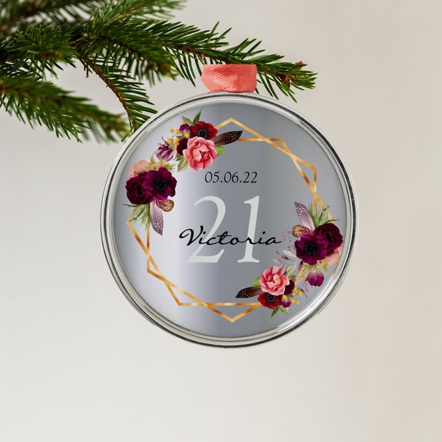 21st birthday silver florals geometric burgundy metal tree decoration (Creator Uploaded)