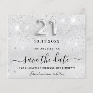 21st birthday silver glitter budget save the date flyer
