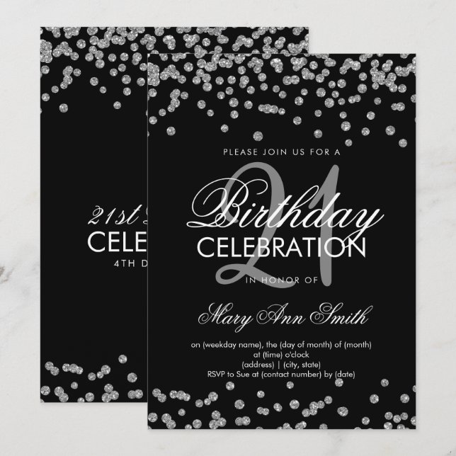 21st Birthday Silver Glitter Confetti Black Invitation (Front/Back)