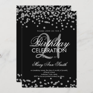 21st Birthday Silver Glitter Confetti Black Invitation