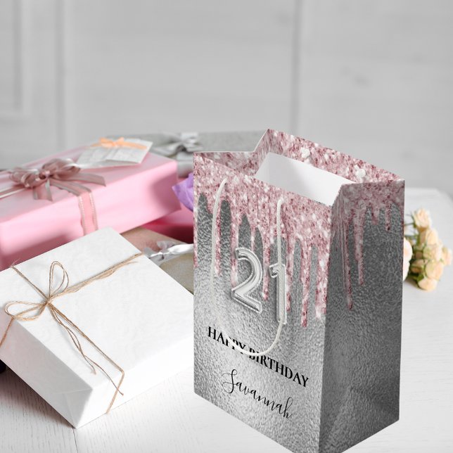 21st birthday silver glitter drips pink monogram medium gift bag (Creator Uploaded)