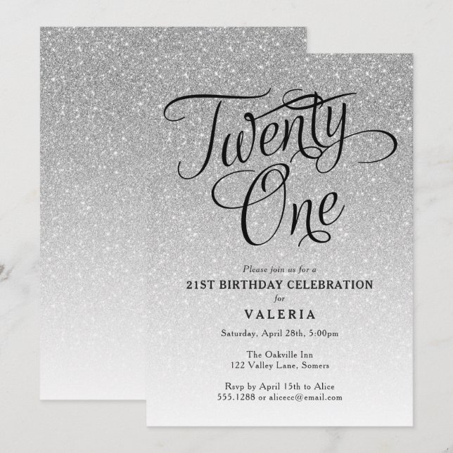 21ST Birthday  Silver Glitter Invitation (Front/Back)