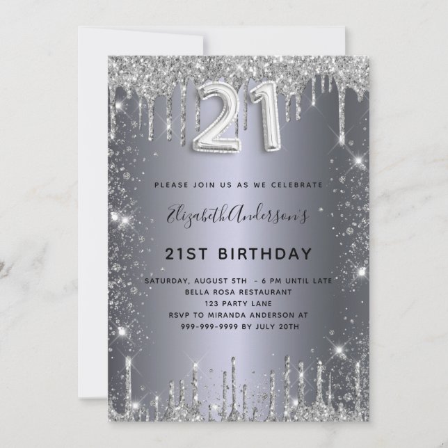 21st birthday silver glitter invitation (Front)